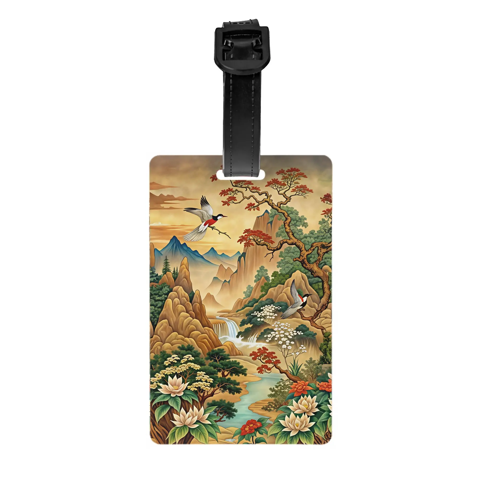 Chinese Magpie Floral Waterfall Mountain Zen  Luggage Tag  Suitcase Baggage Privacy Cover ID Label