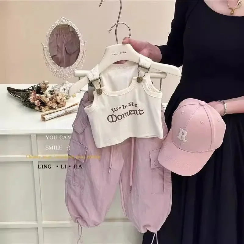 Children's Clothing sets For 2-7 Years Beige Camisole Top & Pink Work Pants 2 Pcs Stylish Kids Daily Casual Summer Girl's Outfit