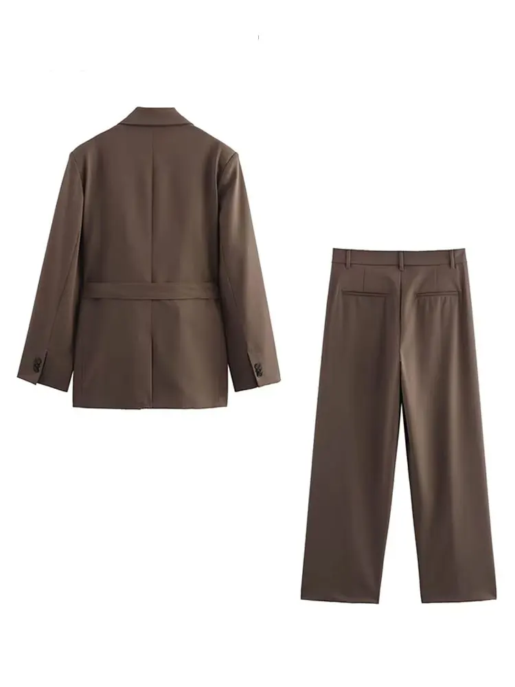 HH 2025 Set da 2 pezzi da donna elegante Cintura con tasca con risvolto Decora giacca blazer casual + Pantaloni lunghi con cerniera con bottoni larghi a vita alta