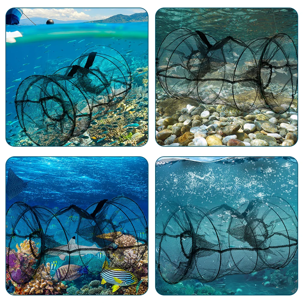 

Collapsible Spring Cage Fishing Net Crab Harvesting Black Glue Crawfish Bait Traps Durable Fiber Material Portable Storage Fish