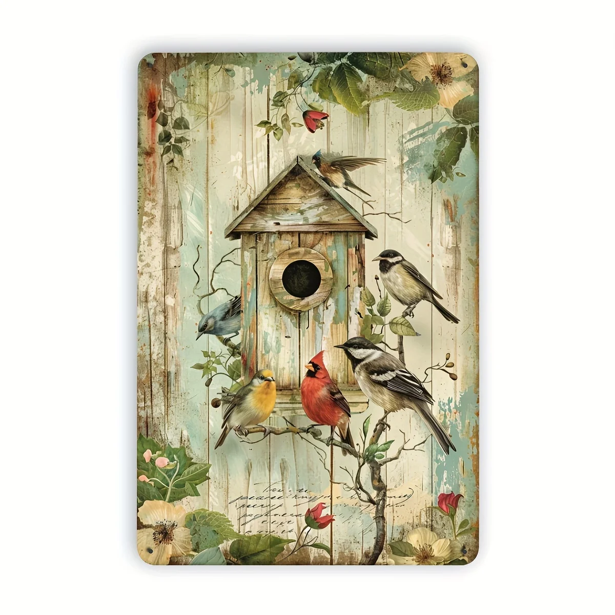 

Vintage Birdhouse Metal Tin Sign - Colorful Birds & Flowers Rustic Wall Art, 8x12 Inches - Perfect for Home, Garden, Cafe Decor