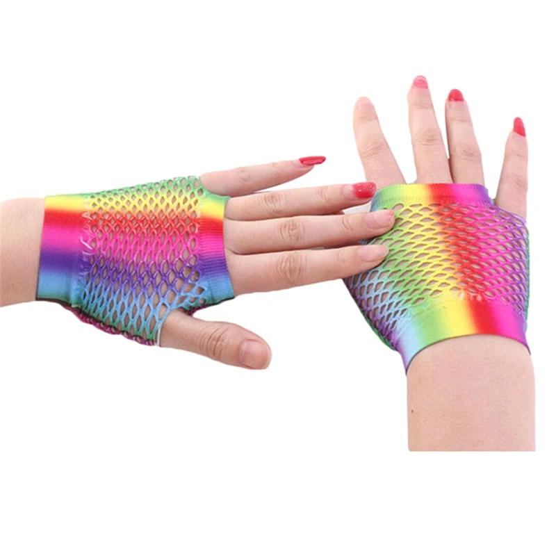 1 par de guantes de rejilla sexis de Color arcoíris para mujer, guantes sin dedos con agujeros calados, manopla para disfraz de baile Disco para mujer