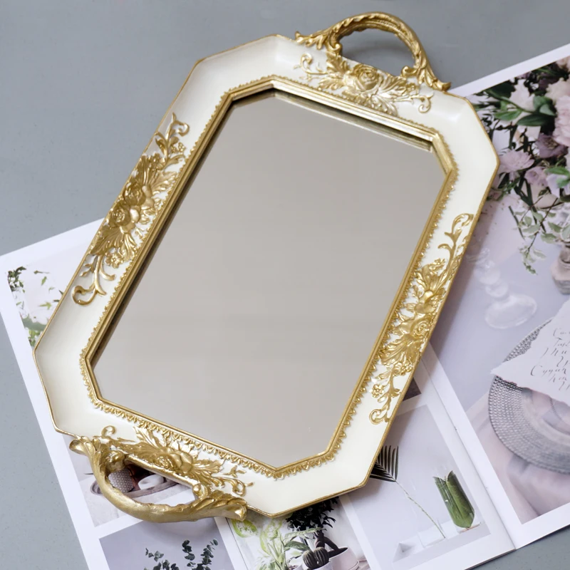 

French Palace Style Binaural Storage Tray Retro Mirror Carved Resin Decorative Tray Cake Stand Dessert Table Wedding Arrangement