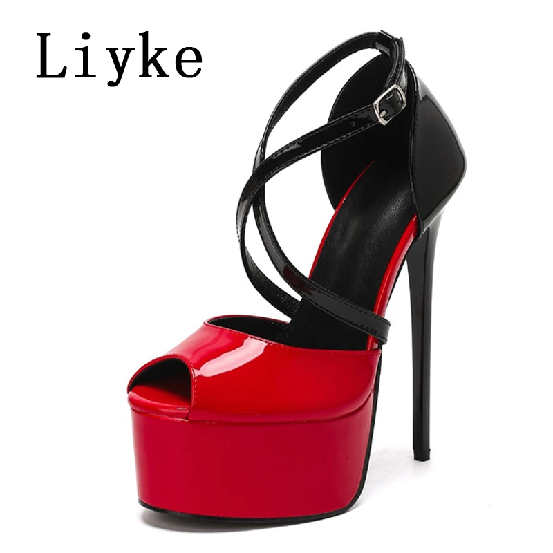 Liyke New Fashion Black Red Patent Leather Platform High Heels Sexy Peep Toe Wedding Banquet Shoes Pumps Women Stilettos Mujer
