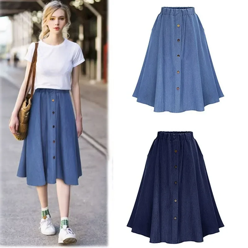 

Fashion Korean Preppy Style Imitation Denim Skirts Women Solid Long Skirt Nature Waist Female Big Hem Casual Button Jean Skirt