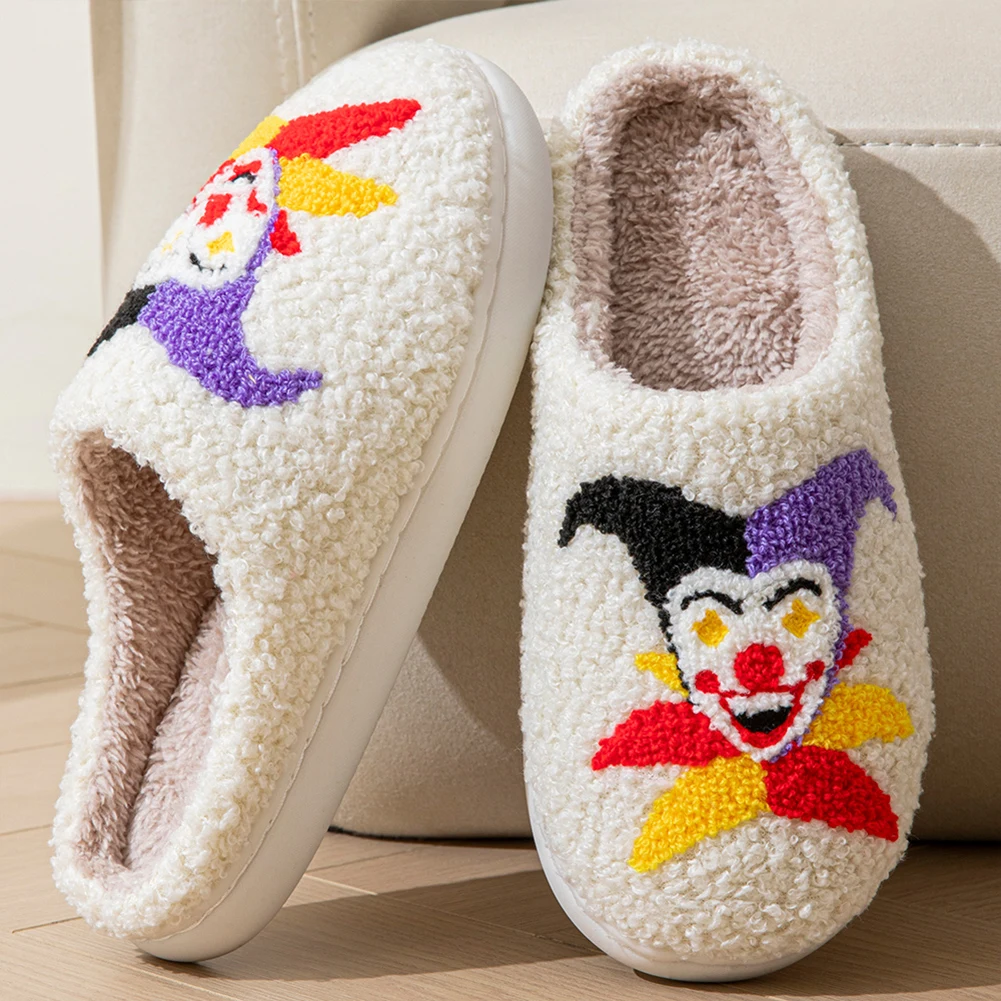 Halloween Clown Plush Slippers Closed Toe Slippers Comfortable Fluffy Couple Slippers Non-Slip Cartoon Clown Slippers for Winter