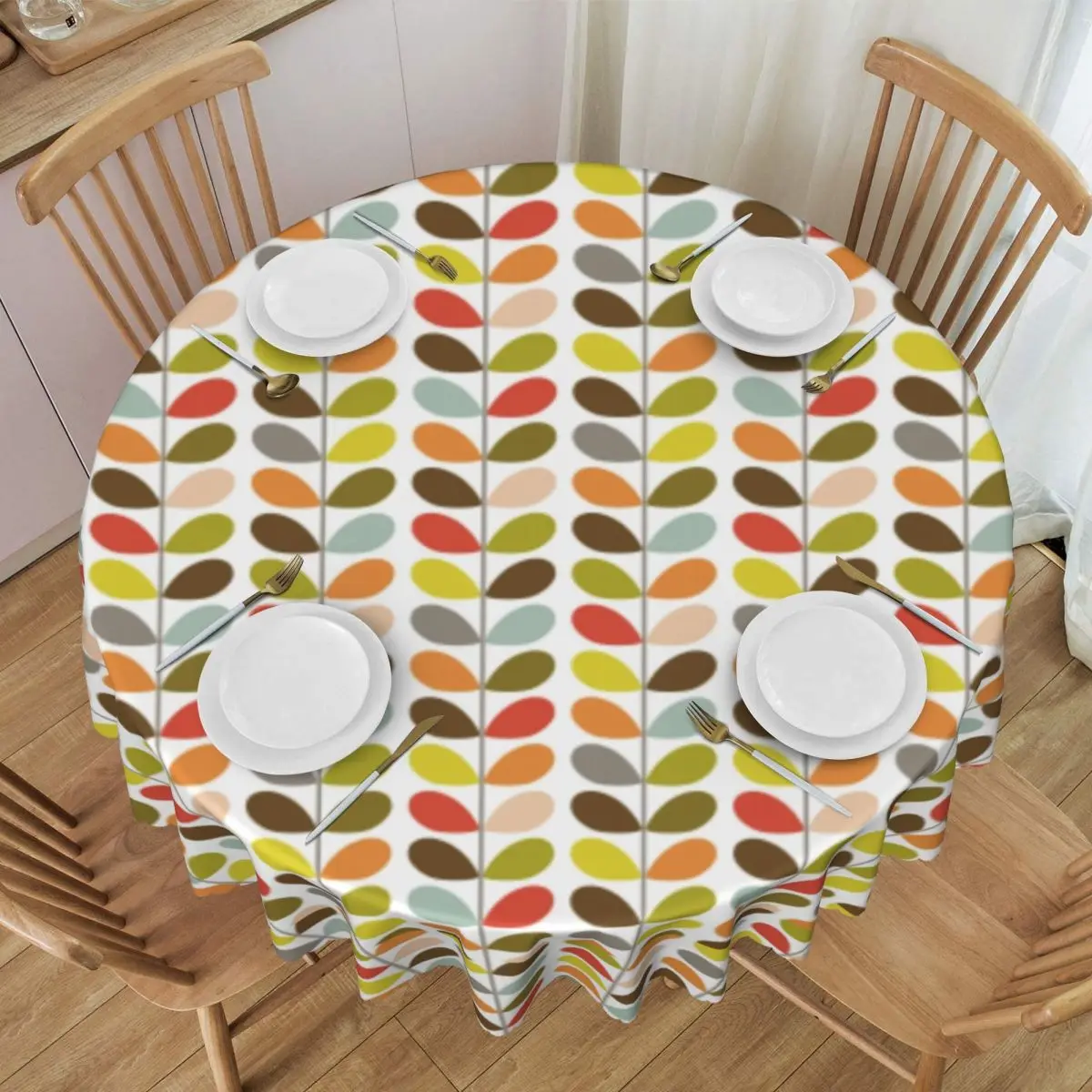 Customized Orla Kiely Flowers Tablecloth Round Waterproof Mid Century Modern Multi Stem Table Cover Cloth for Kitchen 60 inch