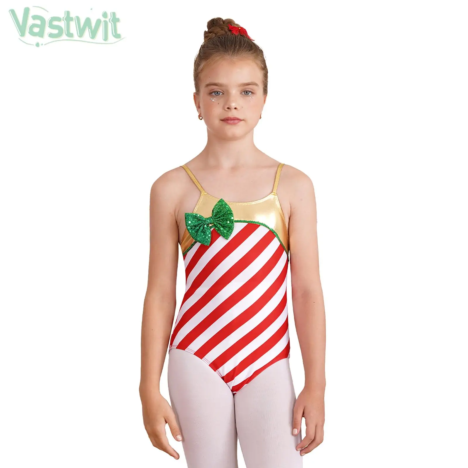 Girls Christmas Bodysuit Ballet Dance Figure Skating Gymnastics Yoga Leotard Sleeveless Striped Jumpsuit Xmas Party Dancewear