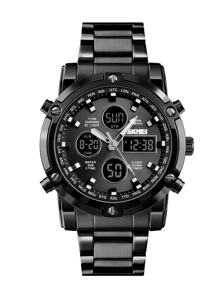 Skmei 3-malige Hintergrund beleuchtung Digitaluhren Herren Vollstahlband-Quarz-Armbanduhr Countdown-Uhr relogio maskulino