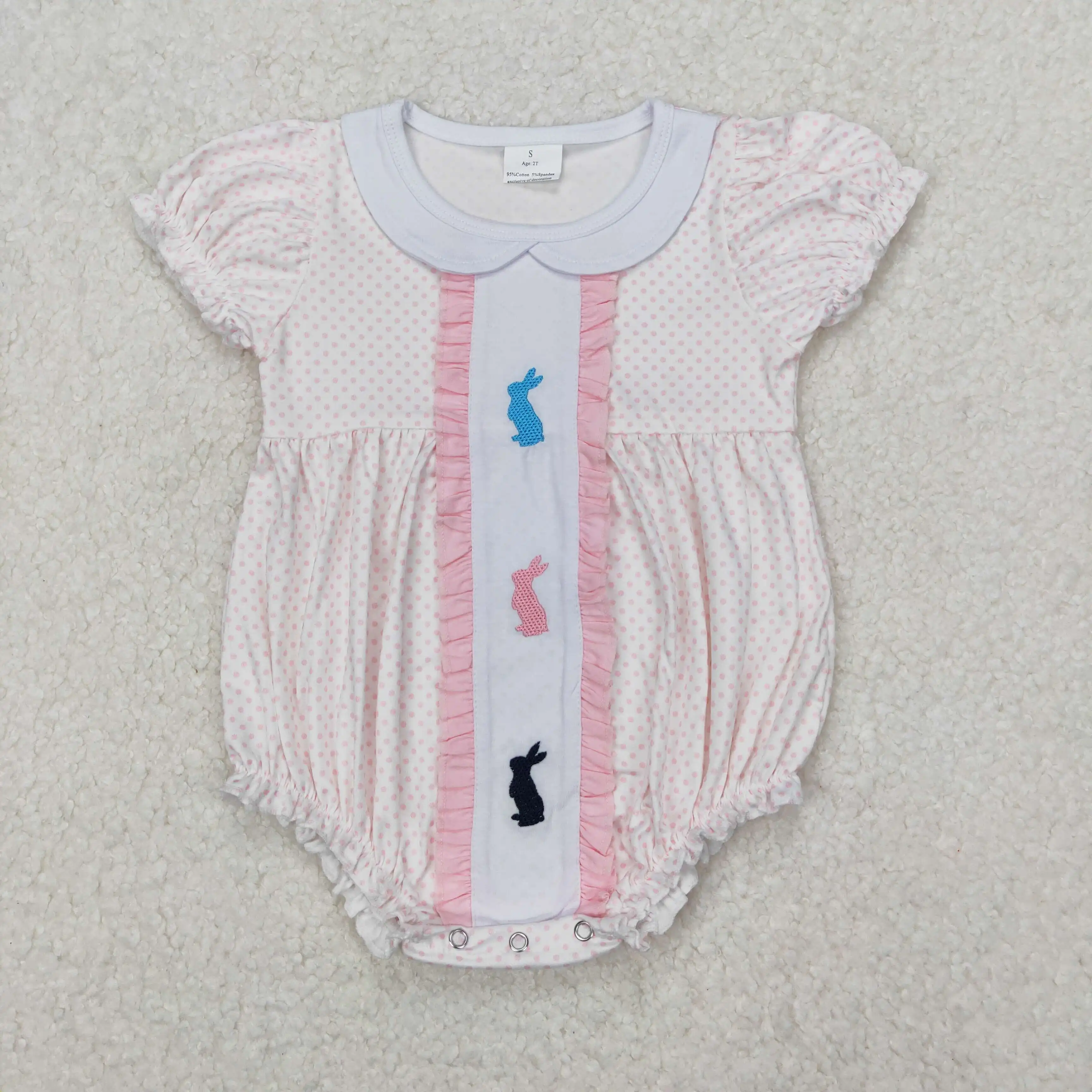 

In Stock Infant Bunny Embroidery Pink Dots Print Baby Girls Easter Bubble Romper Wholesale Boutique Factory Price Toddle Clothes
