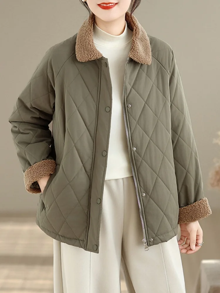 

Ретро-куртка с воротником из овечьей шерсти и пэчворка, женская зимняя повседневная теплая куртка с ромбовидным узором, на молнии, хлопковая, верхняя одежда
