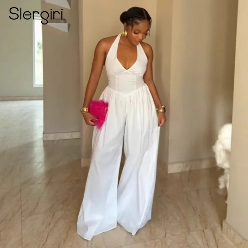 

Slergiri Women's Elegant V-neck Halter Solid Color Jumpsuit Sexy Backless High Waist Vacation Party Matching Wide Leg Jumpsuits