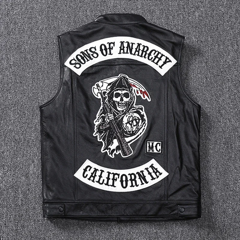 Genuine Cowhide Sons of Anarchy Black Leather Vest Sleeveless Biker Jacket Punk Rock Cosplay Fashion genuine cowhide vest