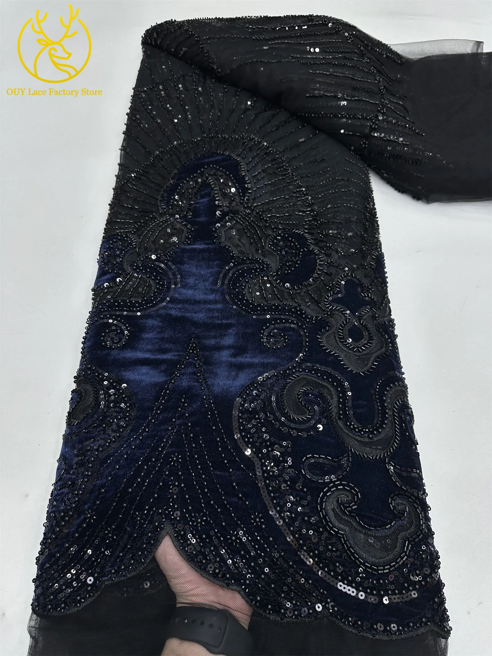 Luxuriöser afrikanischer Samtstoff mit goldenen Perlen und Pailletten, 5 Yards, weinrot, bestickter französischer Tüll für Damen-Partykleider – Detail 7