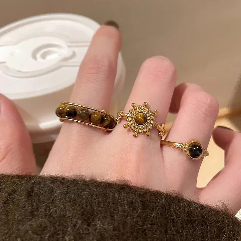 

Unique Design Vintage Brown Tiger Eye Stone Rings For Women Gold Color Resin Irregular Geometric Finger Ring Party Jewelry Gifts