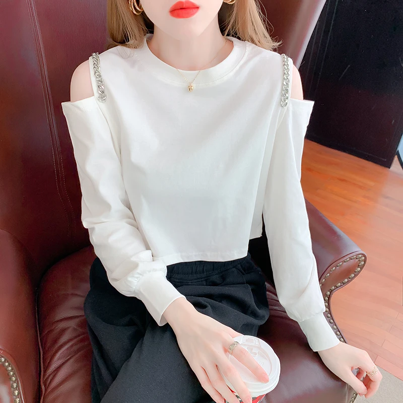 

Long Sleeve T-shirts Women Autumn Shoulder Sexy Basic Tees Chic Fashion Vintage All-match Ulzzang Spring