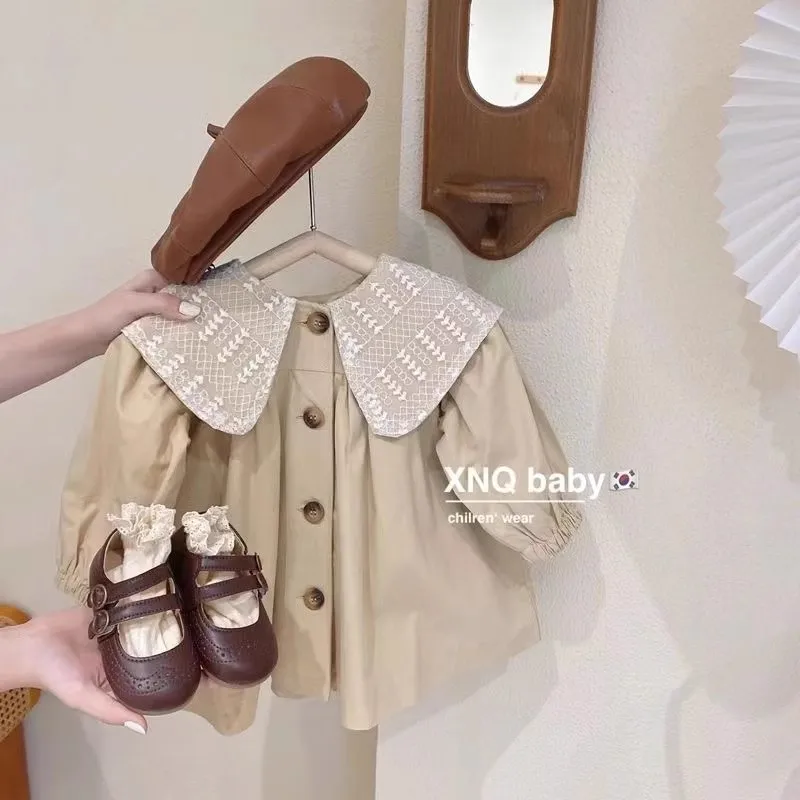 Girls Autumn Trench Coat 2024 New Baby Spring and Autumn Doll Collar Internet Celebrity Fashion Korean Version Bow Fashion