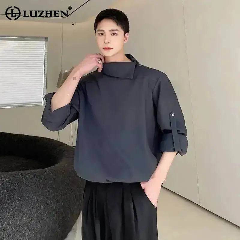 LUZHEN Camisetas Masculinas de Manga Longa com Gola Personalizada, Cor Sólida, Elegantes e Modernas, Outono 2026, Moletom JY8891