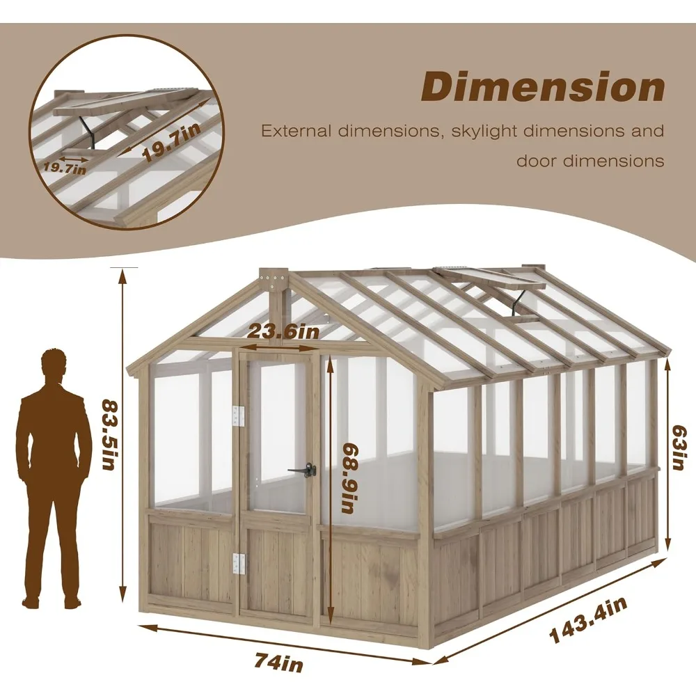 6x12 FT Greenhouse with Lockable Door and Adjustable Roof Vent for Backyard Garden, Polycarbonate Wooden Walk-in Greenhouse