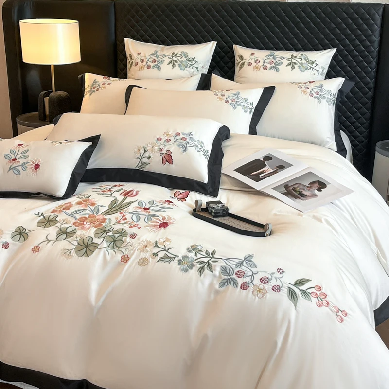 Bedding Set Luxury Flowers Embroidery Black Wide Edge Skin-friendly Cotton Duvet Cover Bed Sheet/Fitted Sheet Pillowcases 4Pcs