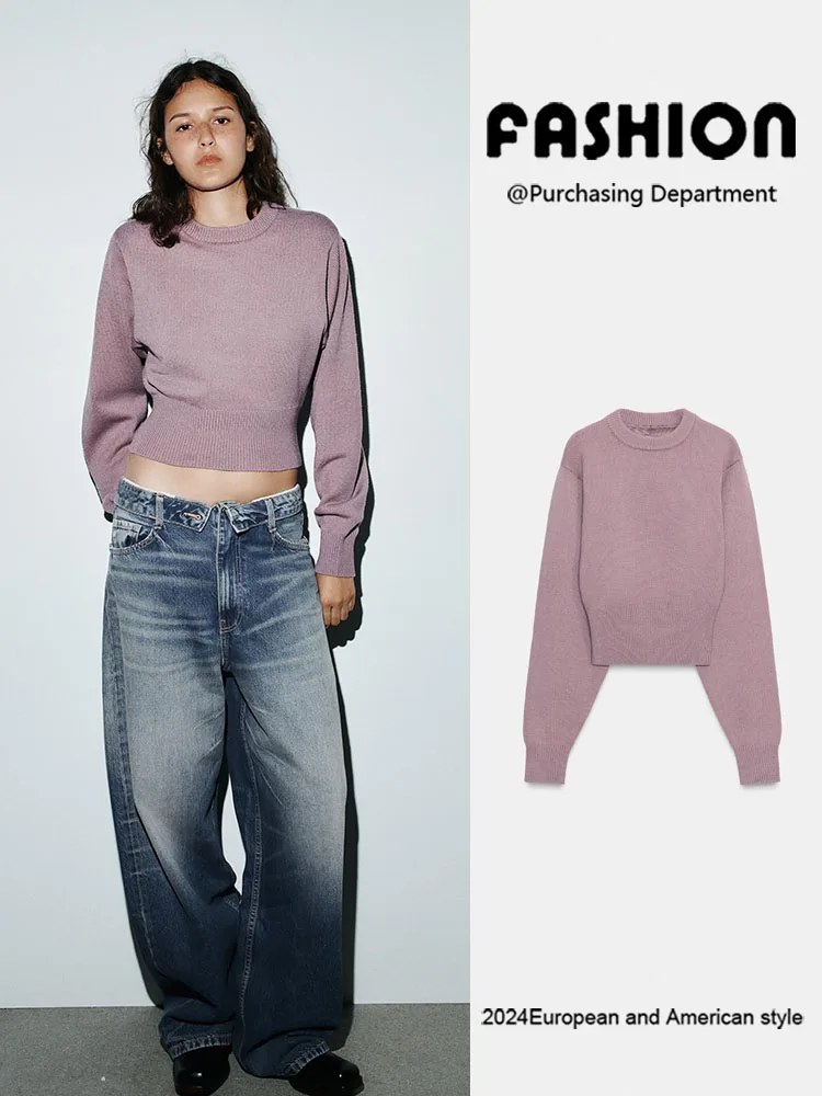 

New Arrival Autumn ZA2025 Women's Simple Versatile ort round Ne Long Sve Flat Needle Knitted Sweater Comfortable Fit