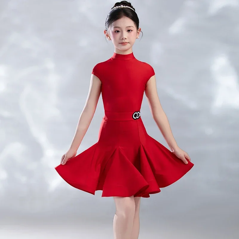 Costume da ballo latino per ragazza Abiti da spettacolo 8 colori Maniche corte Body Top Gonna Set Abbigliamento da competizione per tango per bambini XH2893