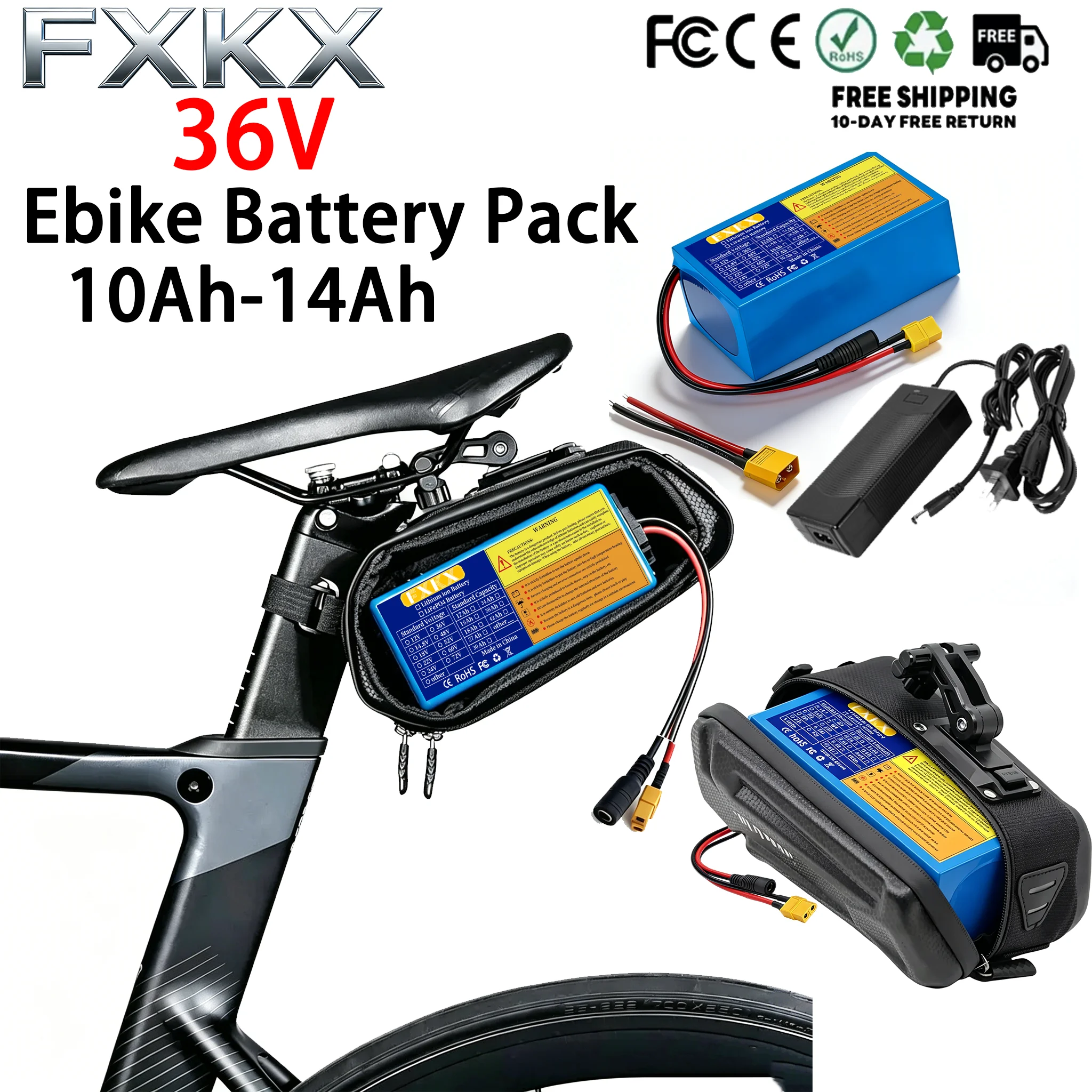 E-bike Battery 36V 48V 10Ah 14Ah Waterproof Li Ion Batteries Pack for 250W-750W Motorcycle/Scooter/Bicycle with 2A Charge