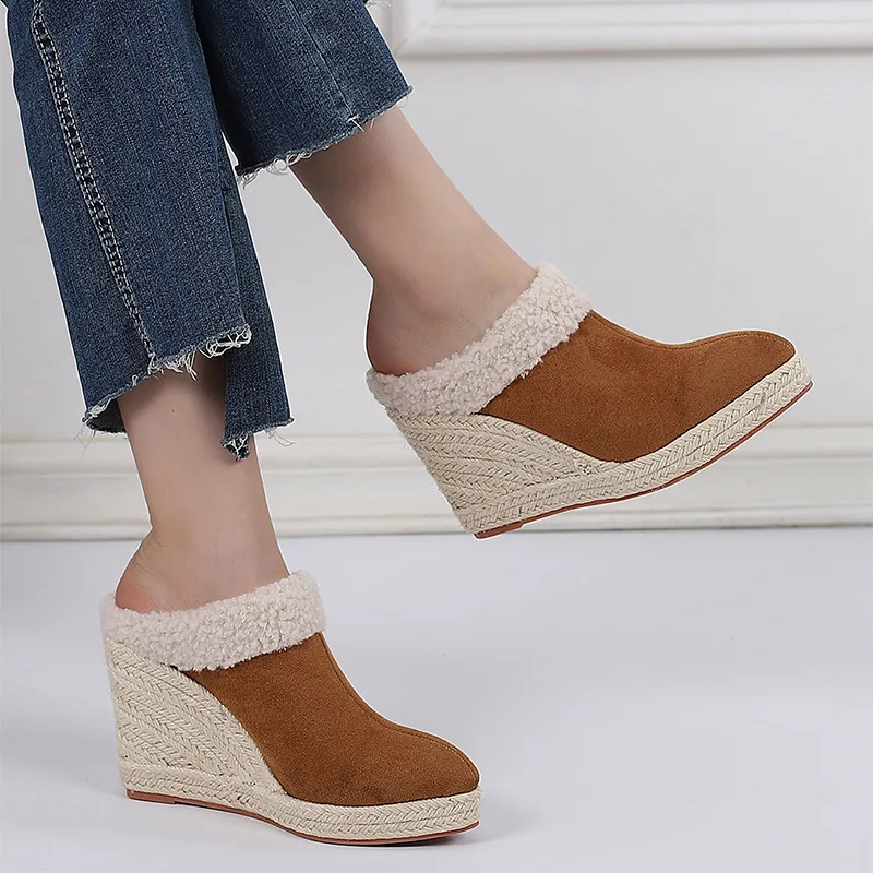 LIHUAMAO Plush lining Wedges heel slipper comfort women mules espadrilles shoes platform pumps comfort slip on loafers sandals