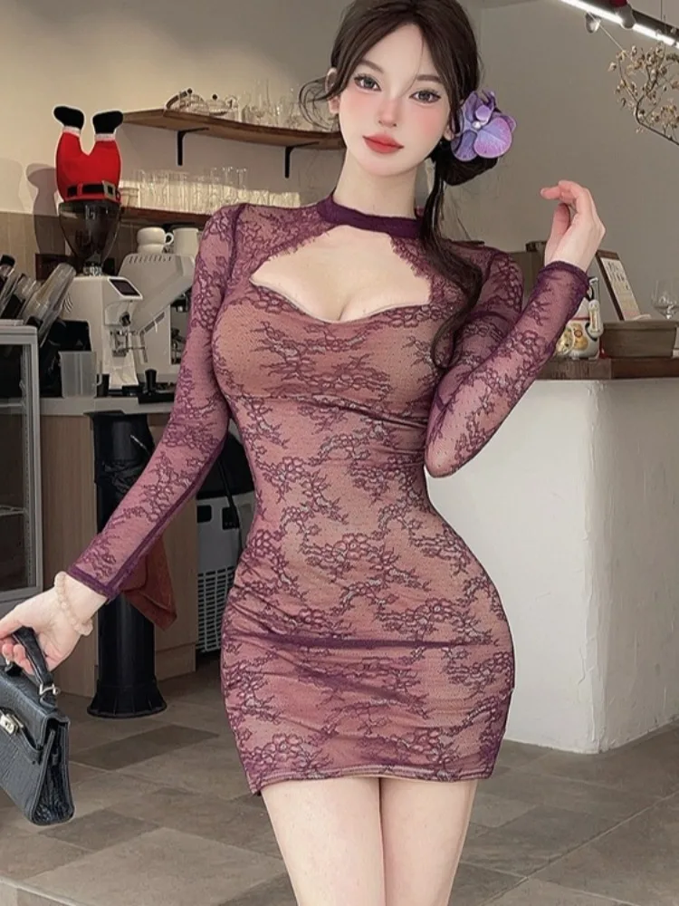 

Pure Desire Sexy Purple Lace Hollow out Long Sve Bodycon Dr Women Slimming ort Skirt Ci Walk High Elastici Autumn...