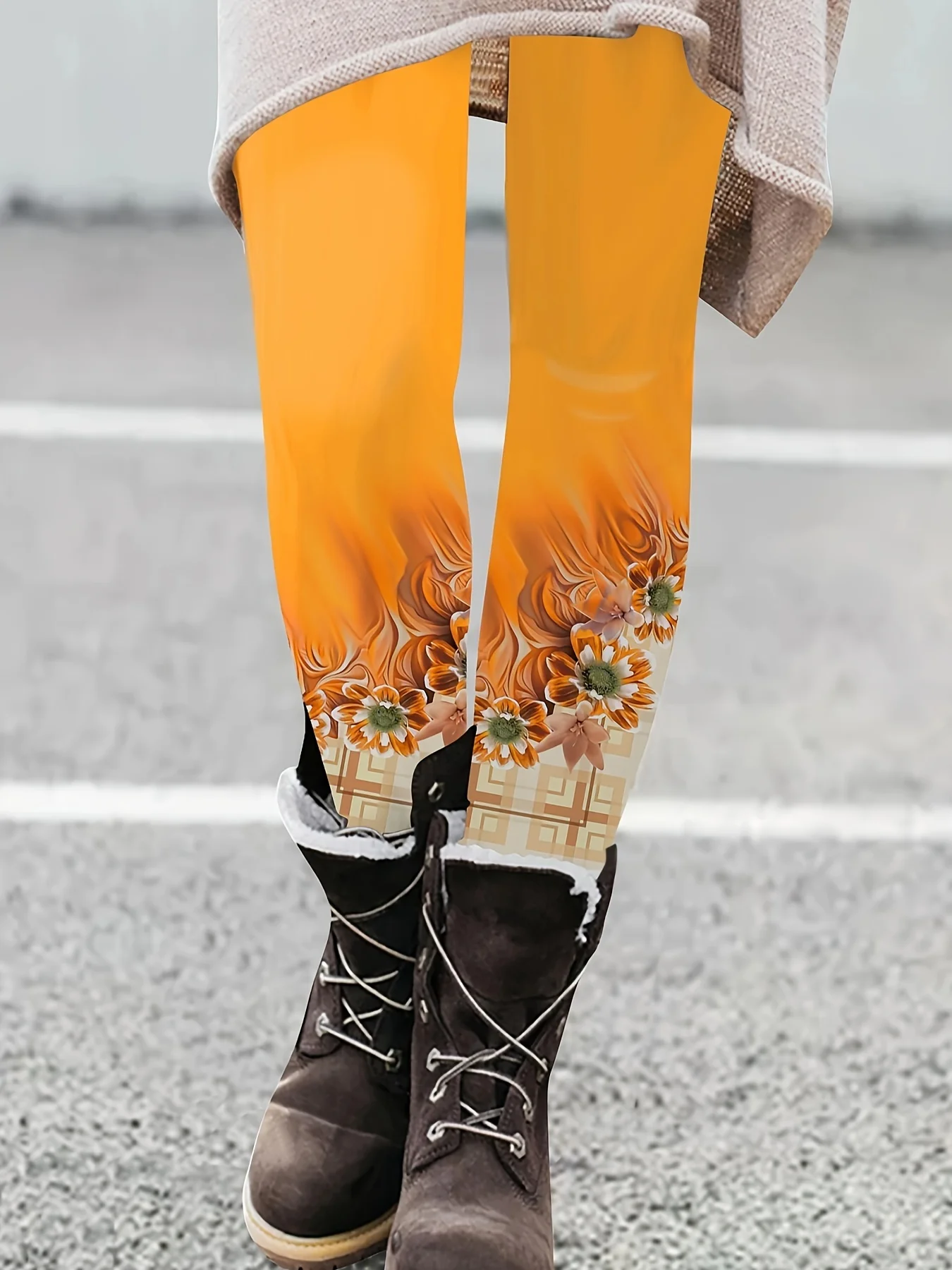 

Women's Orange Sunflower Flame Print Leggings, Warm Stretchy Slim Fit Casual Pants