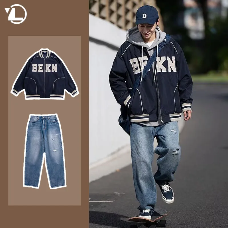 Conjunto de dos piezas de Hip Hop para hombre, Jersey de béisbol con letras estampadas, pantalones vaqueros de moda Harajuku, Primavera, 2023