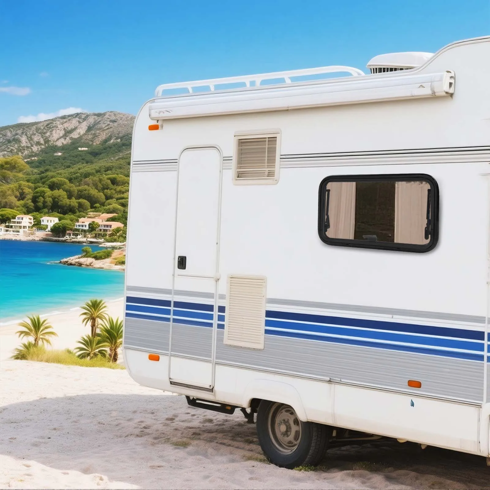 Ventana Lateral Abatible para RV, Panel de Vidrio Acrílico de 700*400 mm, Ángulo de Apertura Máximo de 80-85 Grados, Compatible con Paredes de 28-40 mm de Espesor