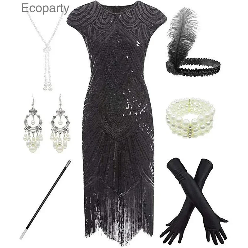 Womens Great Gatsby Cosplay Chain Charleston 1920s Fringe Flapper Sequin Sleeveless Dress Robe Costume Party Bodycon Vestido