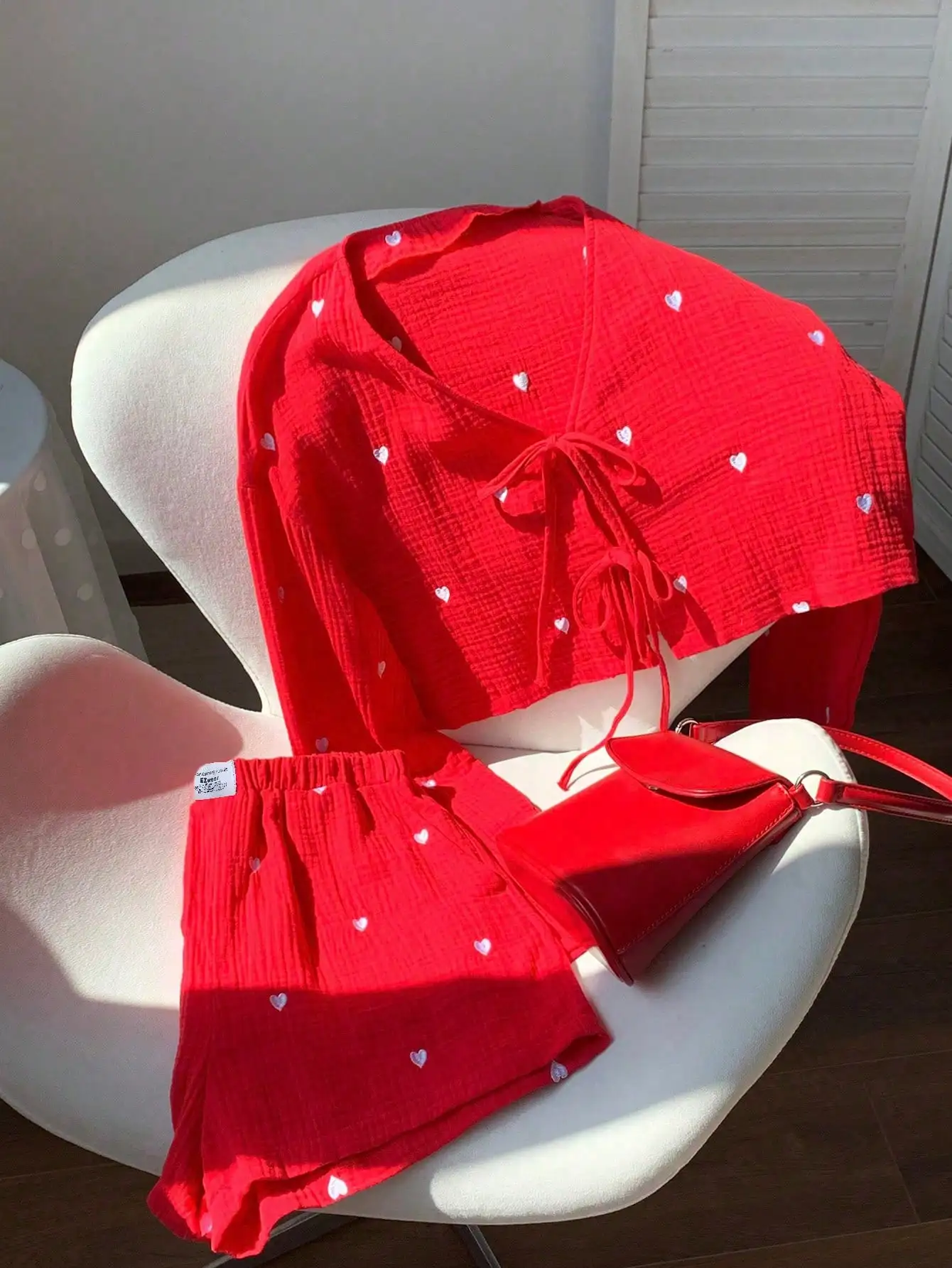 

Red Heart Pattern Lace-Up Long Sleeve Top And Shorts Set Women Casual Outfit