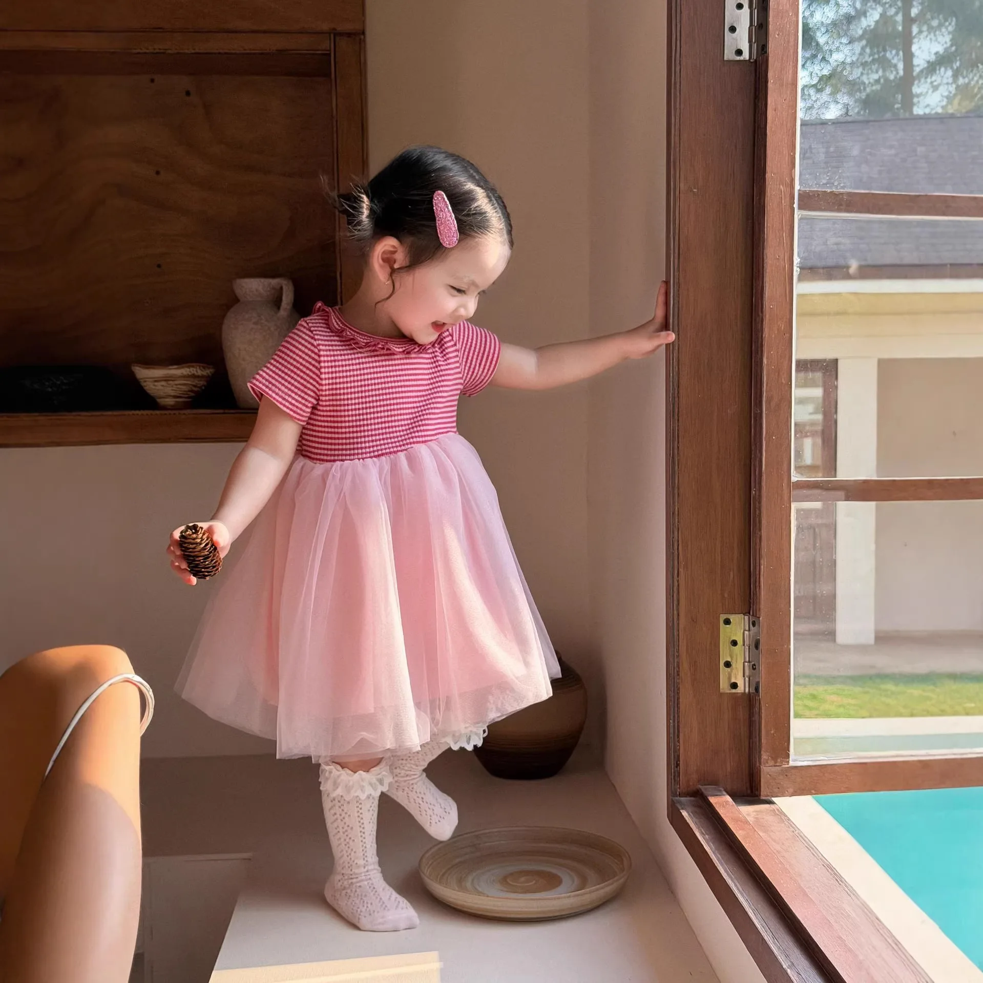 2026 New Summer Girls Splicing Princess Dress Baby Girl Solid Color Mesh Dress Foreign Style Girls Dress