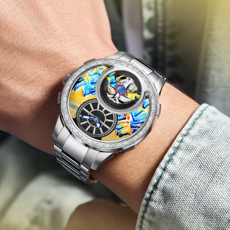 HANBORO Men Automatic Watch Mechanical Wristwatch Luminous Skeleton Enamel carved painted Dial  Sapphire Mirror Crystal Bezel