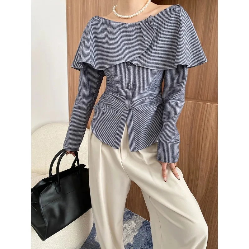 Spring Ruffle Off Shoulder Stripe Shirts Long Sleeve Slimming Waist Shirt