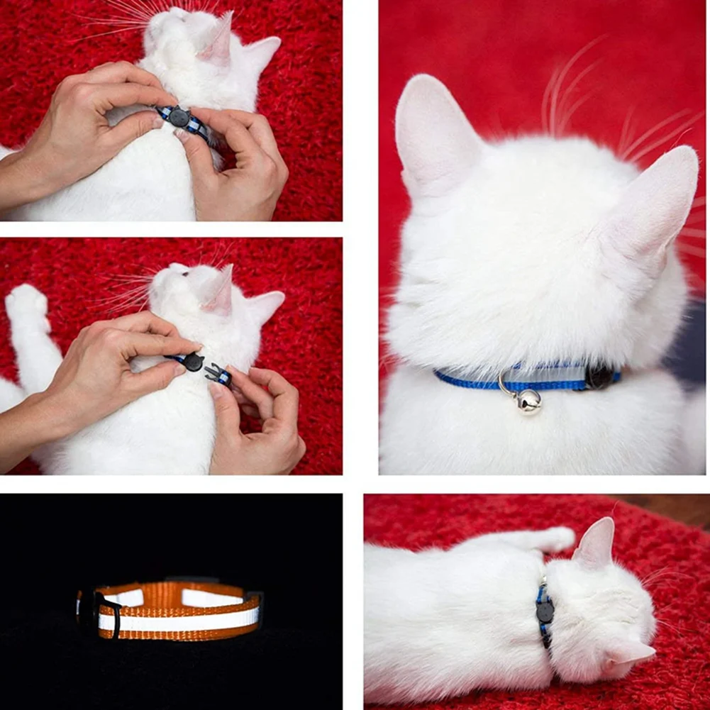 AT84-24 Pcs Reflective Cat Collars Quick Release Safety Buckle With Bell Adjustable 19-32Cm (12 Colors)