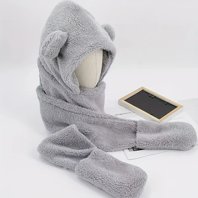 الدببة القطيفة الأذن قبعة وشاح قفاز مجموعة لينة الصوف الشتاء اكسسوارات الزي الدافئ للنساء المشي لمسافات طويلة الطقس البارد هدية عيد الميلاد