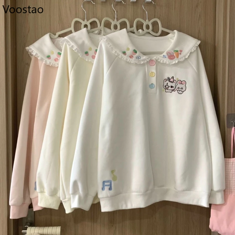 

Japanese Kawaii Lolita Style White T-Shirts Women Sweet Cartoon Embroidery Peter Pan Collar Loose Tees Girls Y2k Cute Pink Tops