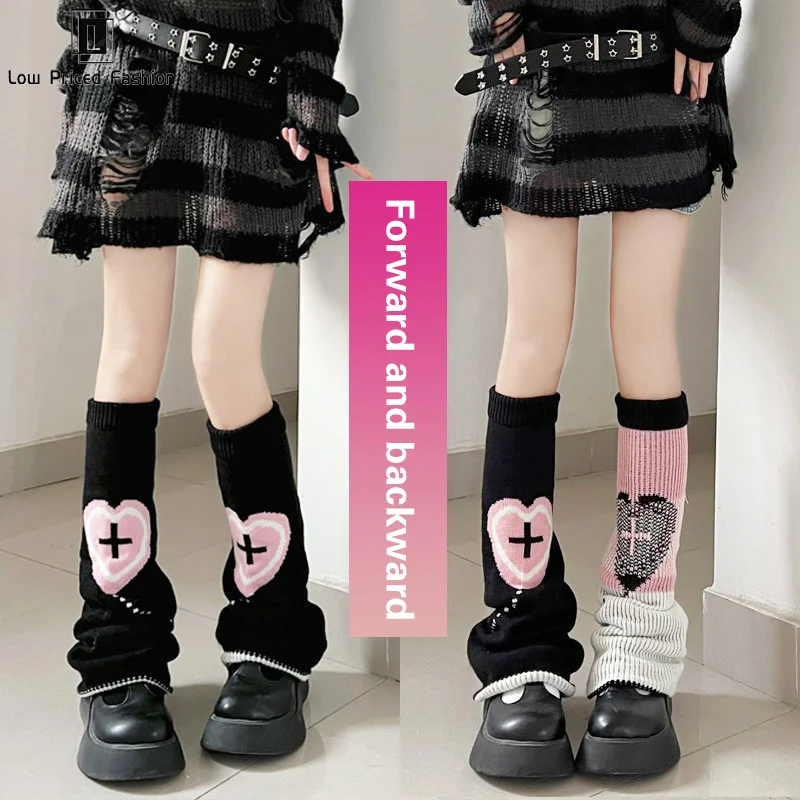 

Y2k Punk Knitted Leg Warmers Star Gothic Cross Harajuku Women Heart Two Side Wear Loose Fit Leg Covers Sock Jk Thigh High Lolita