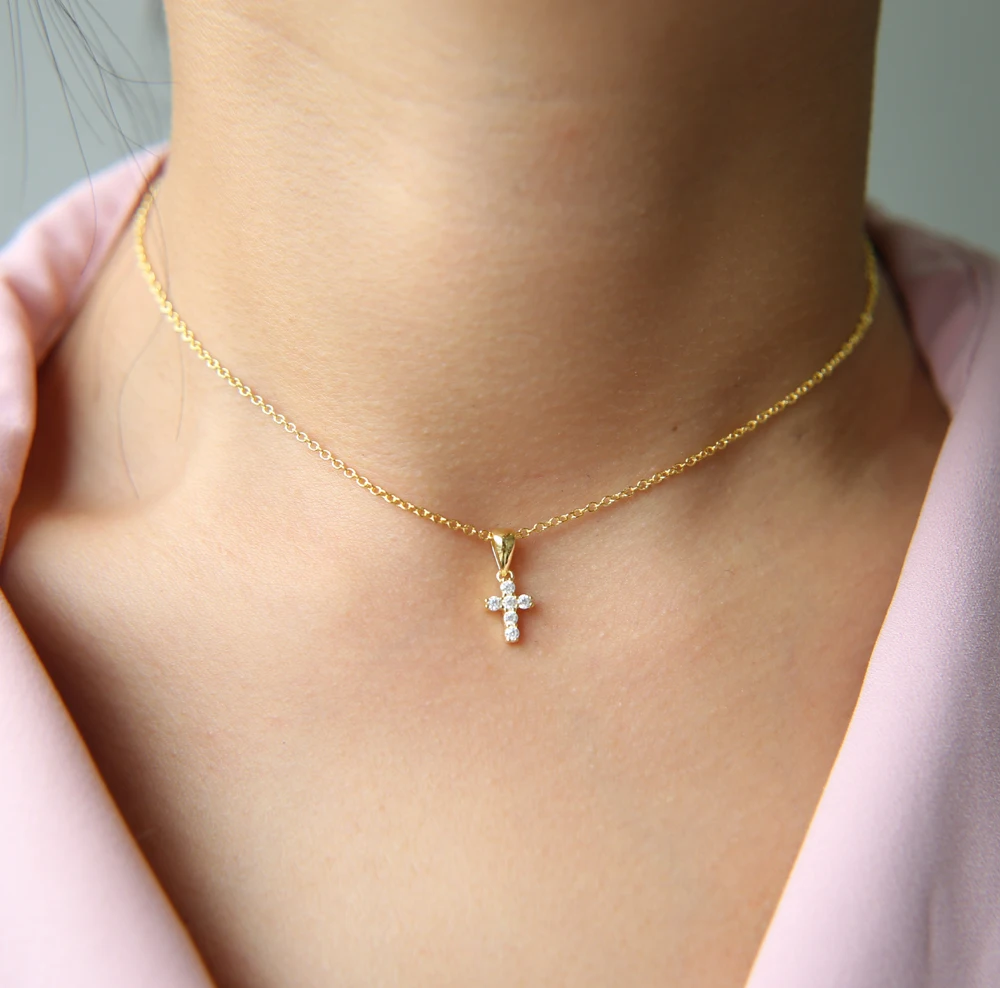 

100% 925 Sterling Silver Micro Pave 5A Cz Tiny Cute Cross Pendant Necklaces For Women Girl Delicate Mini Charm Bijoux Jewelry