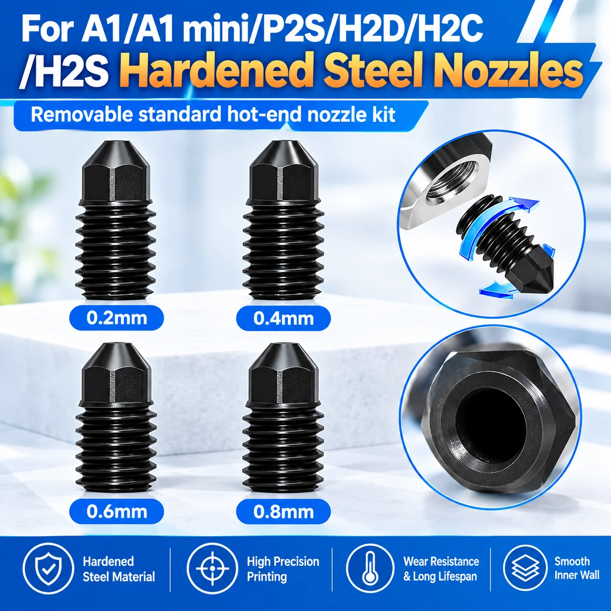 Hardened Steel Nozzle Kit for A1/A1 Mini/P2S/H2D/H2C/H2S 0.2/0.4/0.6/0.8mm High Precision Wear-Resistant Removable Hotend Nozzle