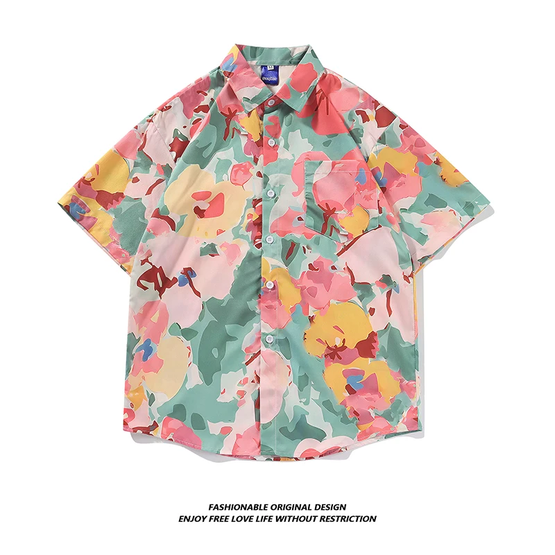 

Hawaii Beach Floral Shirt Men's Loose Short Sleeve Summer Vacation Casual Cotton Breathable Fashionable Retro Hong Kong Style