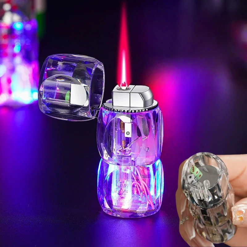 

New Windproof Sparkling Transparent Dice Inflatable Lighter Outdoor Portable Jet Pink Flame Inflatable Cool Lighter Smoking Gift