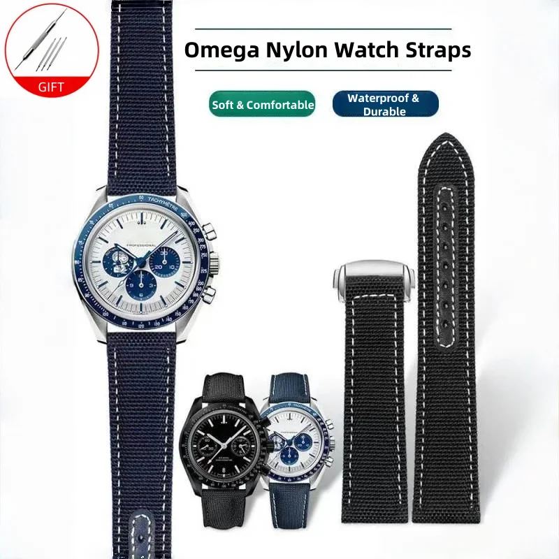 Nylon Canvas Watch Strap 19mm 20mm 21mm 22mm For Omega Seamaster 300 AT150 Fabric Leather AQUA TERRA 150 Blue Watchband Buckle
