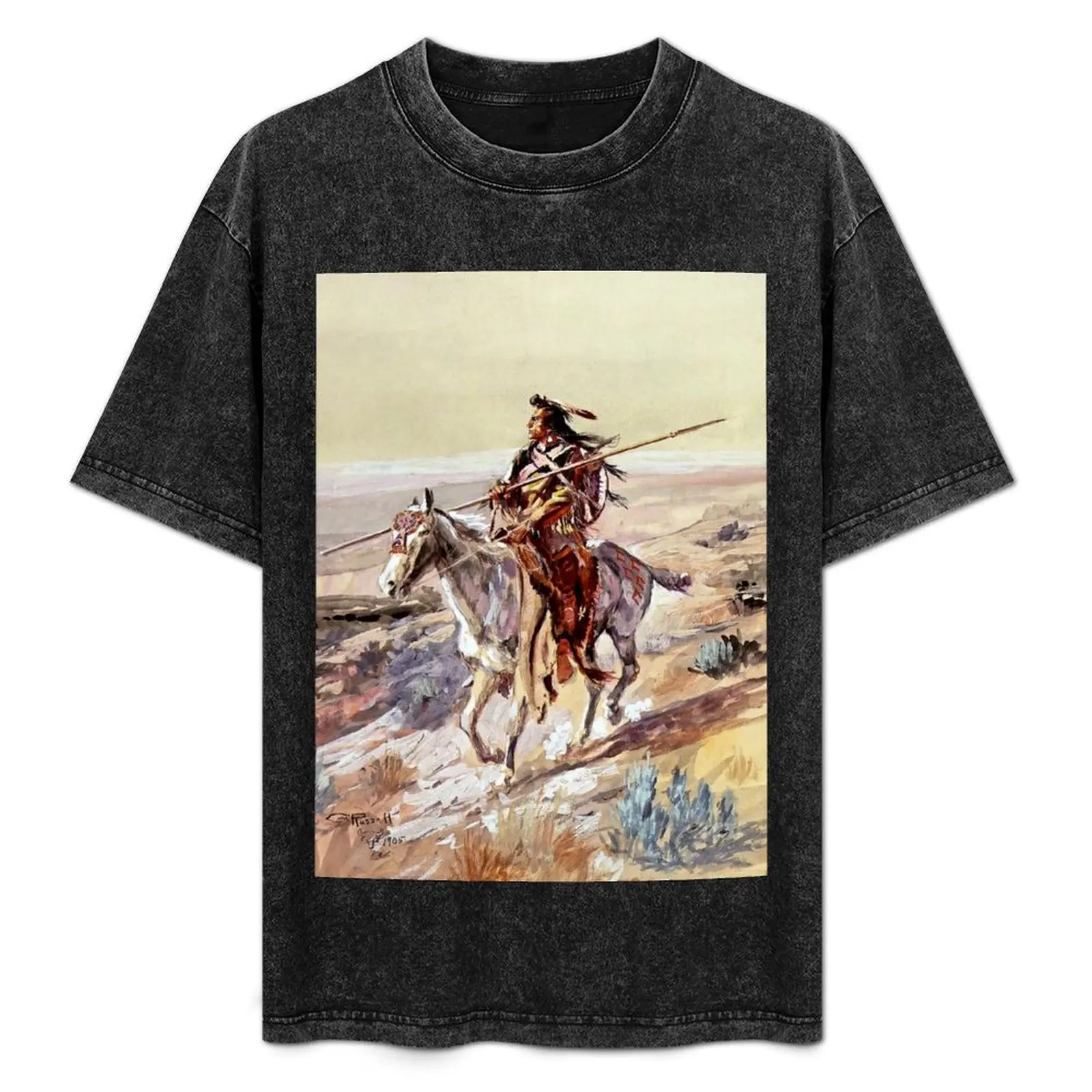 

“Indian With Spear “ by Charles M Russell T-Shirt custom t shirt vintage graphic tee mens big and tall t shirts