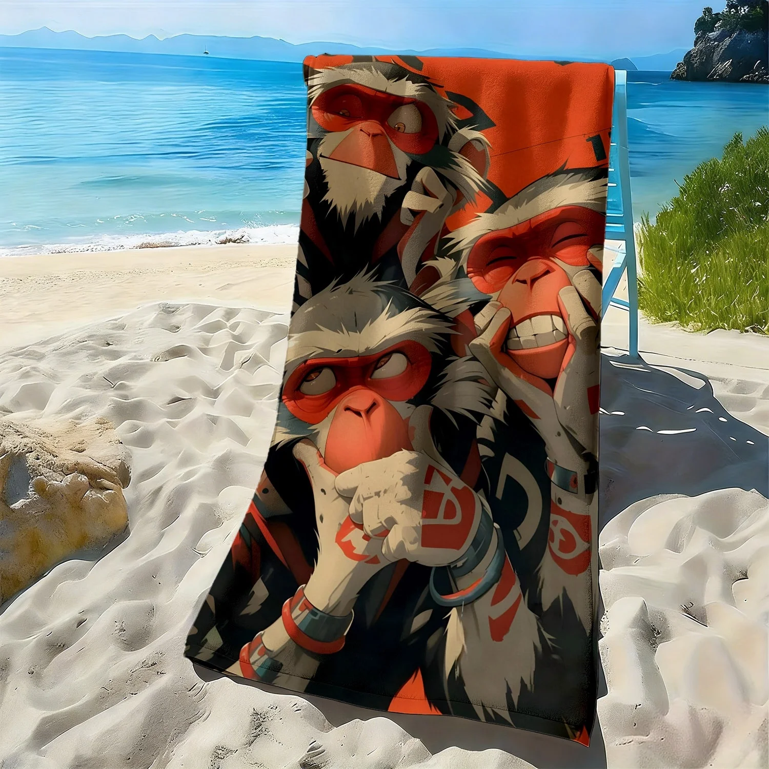 Trendy cartoon monkey-style pattern polyester microfiber beach towel is highly absorbent suitable for swimming and beach outings