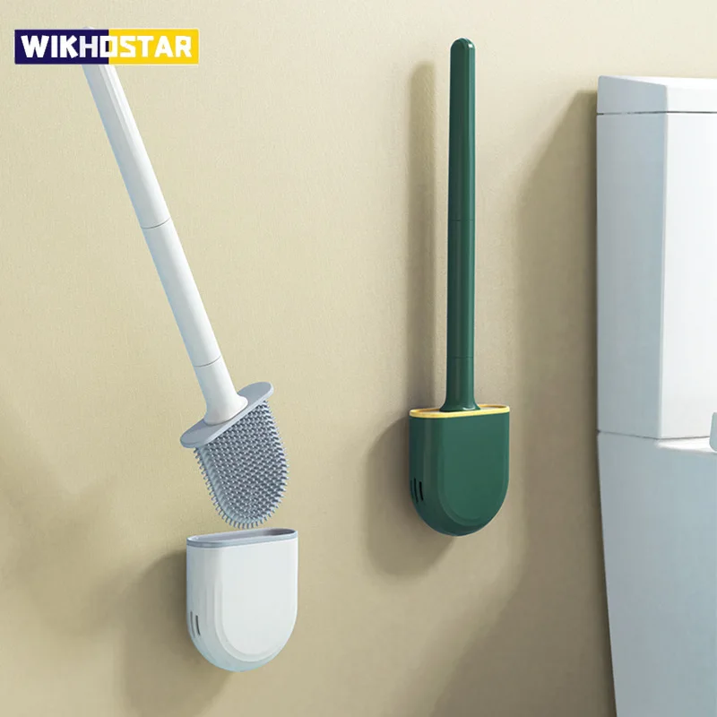 WIKHOSTAR Breathable Toilet Brush Holder with Silicone Bristles Non-Slip Water Leak Proof Long Handle Wc Toilet Cleaning Brush