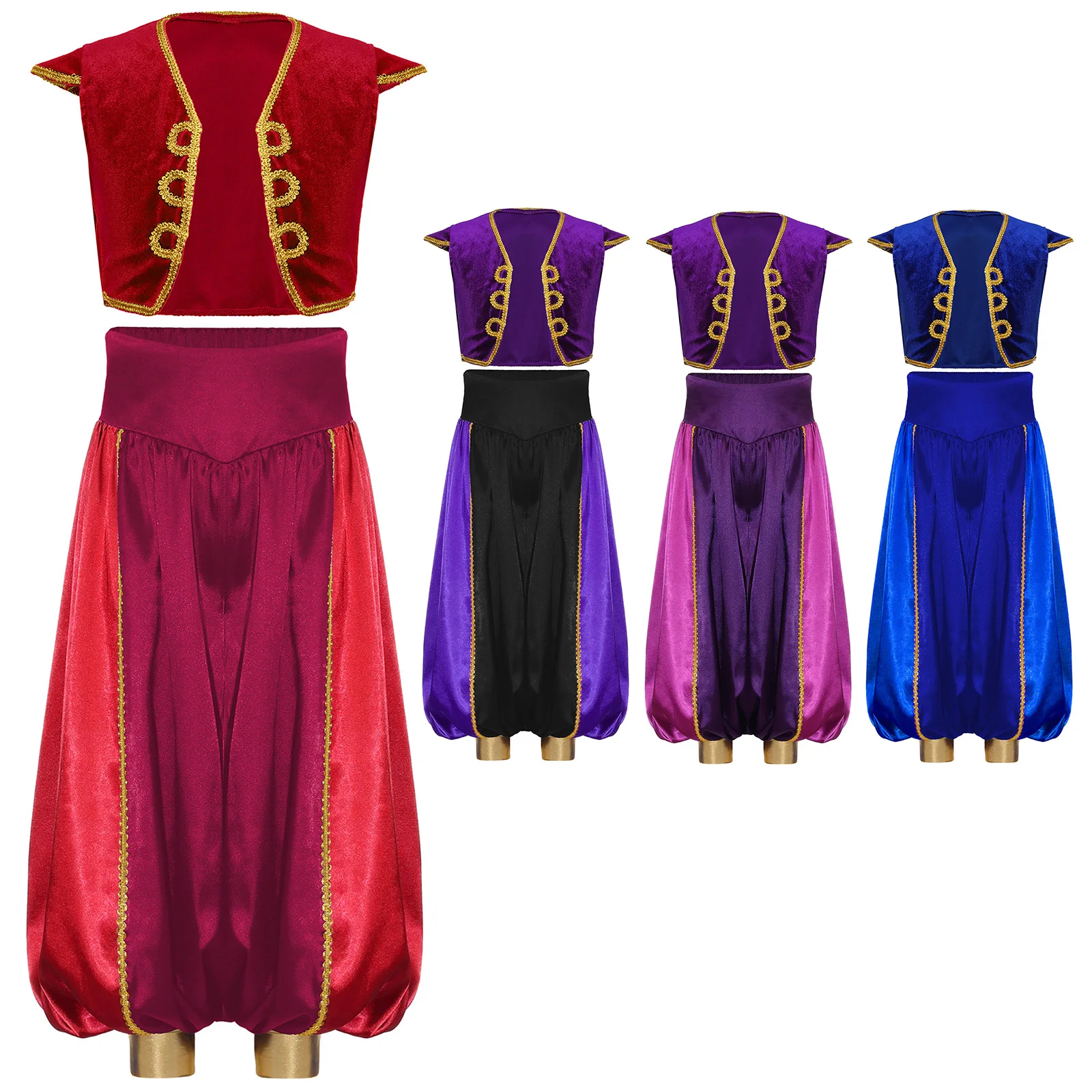 

Boys Arabian Dance Outfit Cap Sleeve Braided Trimming Vest Waistcoat And Elastic Waist Pants for Cultural Events Prince Cosplay